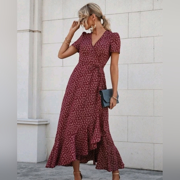 New Boho Floral Wrap Ruffle Maxi Dress Burgundy Red White - Picture 2 of 9